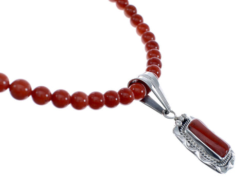 Native American Navajo Coral Round Bead Pendant Sterling Silver Necklace JX126559